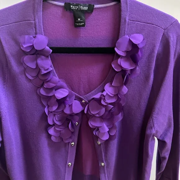 White House Black Market Purple Cardigan Sweater Floral Ruffle Appliques Sz M - Picture 2 of 8